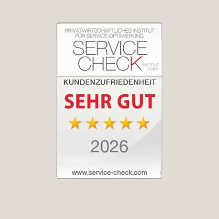 Siegel Service Check 2026 mit Text Kundenzufriedenheit sehr gut und fünf Sternen